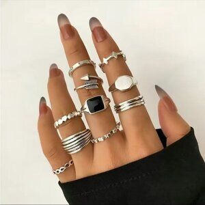 Set Of 10 Antique Silver Star Geometric Arrow Rings